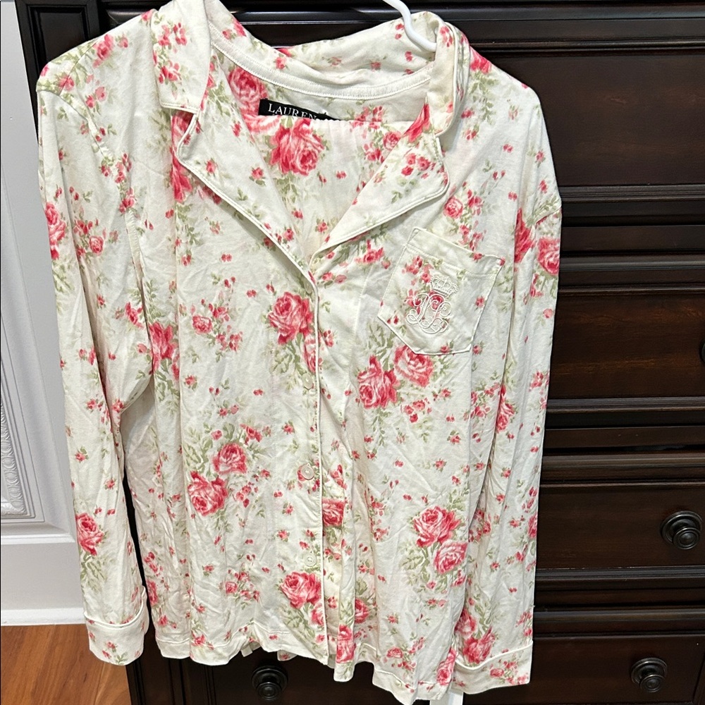 Ralph Lauren ivory and Pink Floral rose Button Down Pajamas